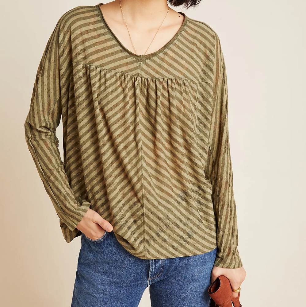 Anthropologie burnout v neck striped long sleeves top, xl, green